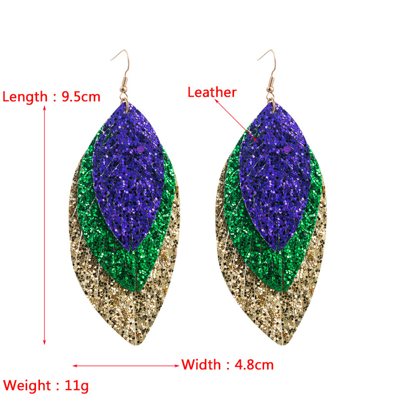 Fashion New Three-layer Pu Leather Shiny Leaf Bohemian Carnival Earrings display picture 7