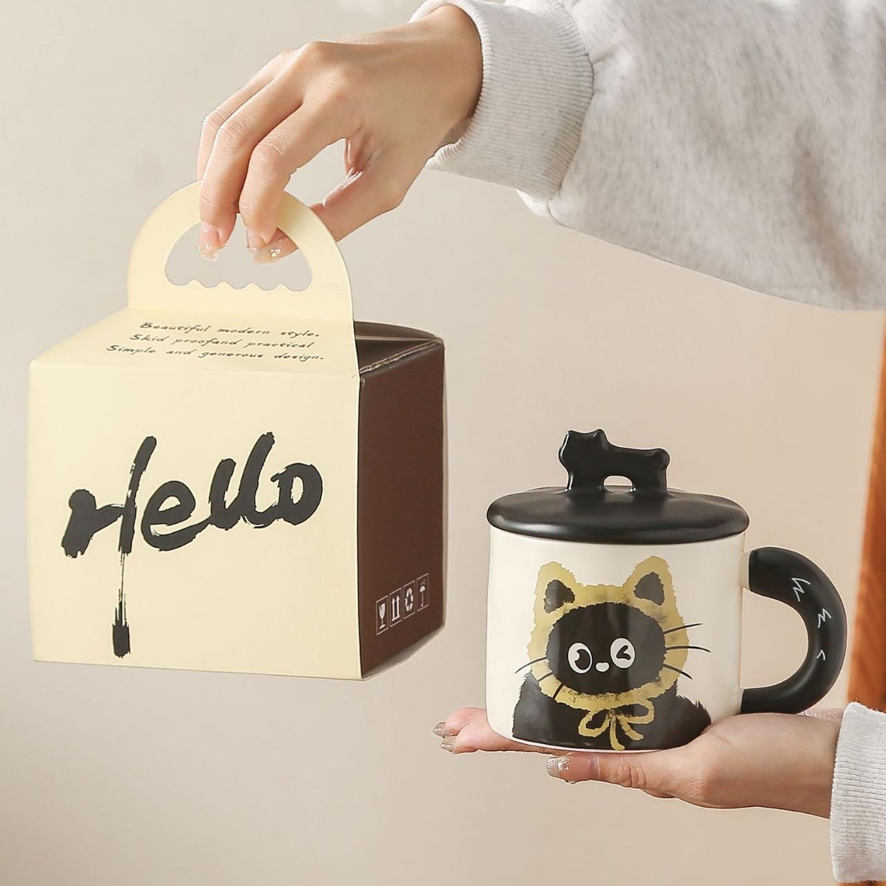 Gato taza de diseño retro taza de cerámica con cubierta caja de regalo regalo regalo de mano taza de caricatura de alta calidad para chicas
