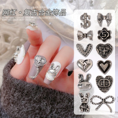 網紅美甲合金飾品可愛流氓兔愛心花朵蝴蝶結復古銀指甲鑽配飾批發