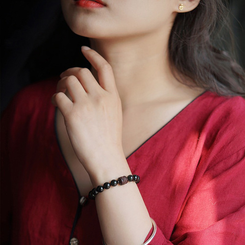 Obsidian Small Leaf Zitan Bracelet for Men and Women, Six Syllable Mantra Buddhist Rosary Bracelet, Tiger Year, Animal Year Gift, Beaded Accessory