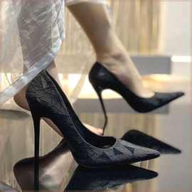 鞋子女学生韩版2023春秋新款女鞋尖头百搭黑色工作鞋女细跟高跟鞋