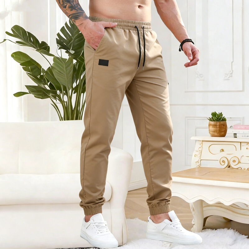 New Trendy Men's Pants for Cross-Border Trade, Popular American Style, European Size, Slim Fit Jogger Pants, Casual Pants with Leather Label
