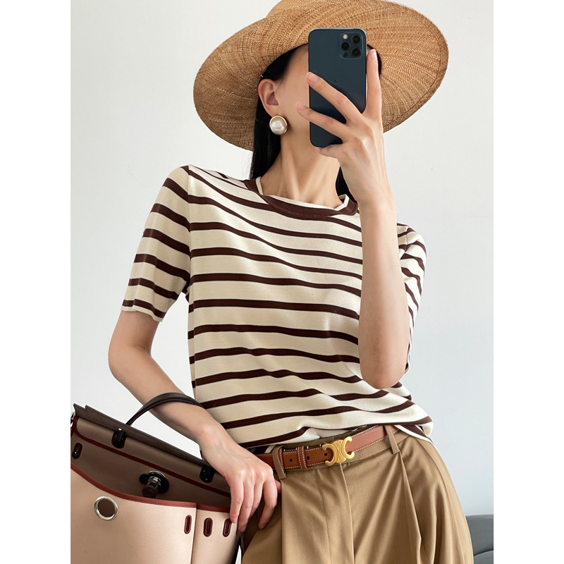 Hejia's New 1K+85 Count 3-Strand Lyocell Cotton Fashionable Stripesd Round Neck T-Shirt Short-Sleeved Knitwear for Women 082