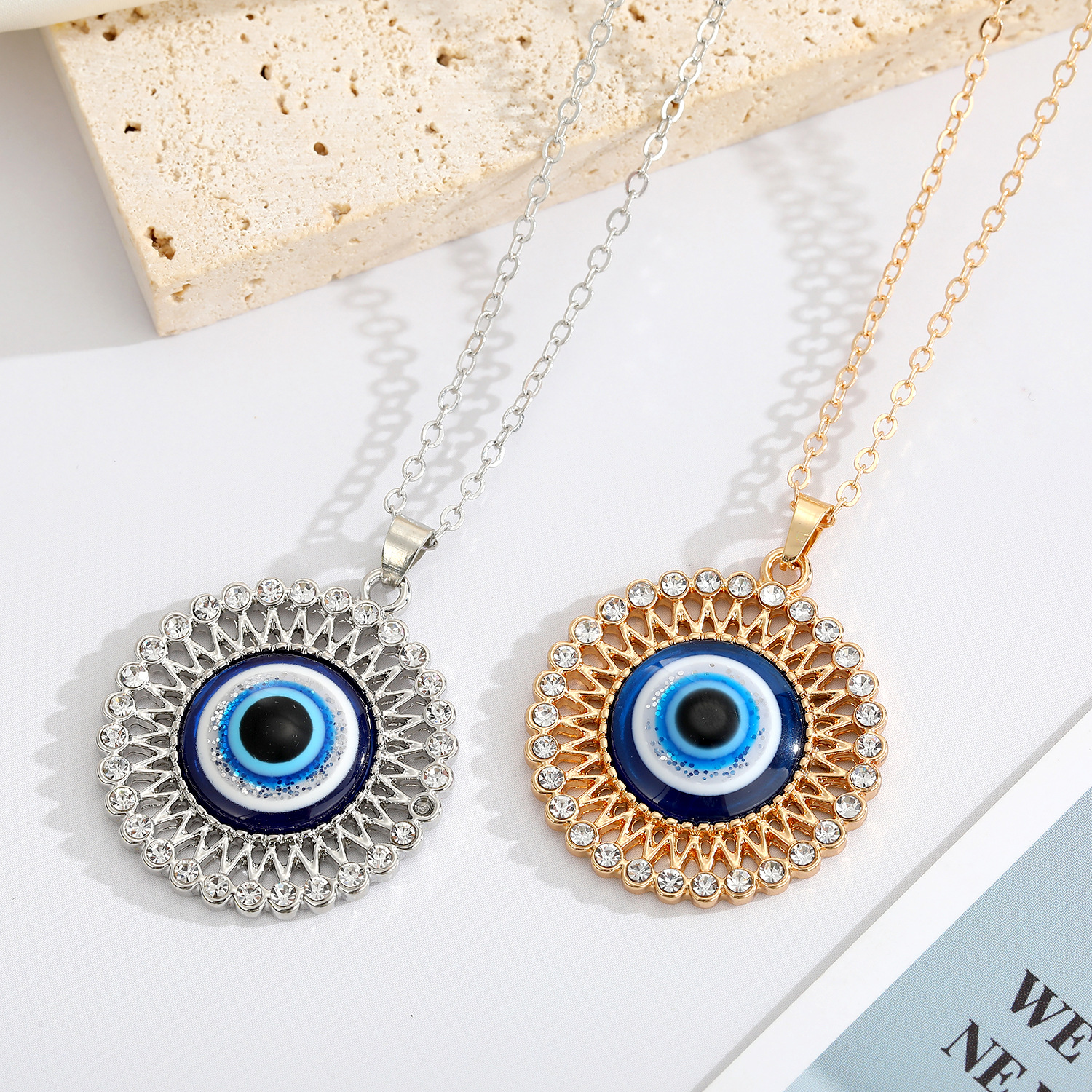 New Devil's Eye Necklace Point Rhinestone Flower Turkey Eye Necklace Pendant Foreign Trade Jewelry display picture 3