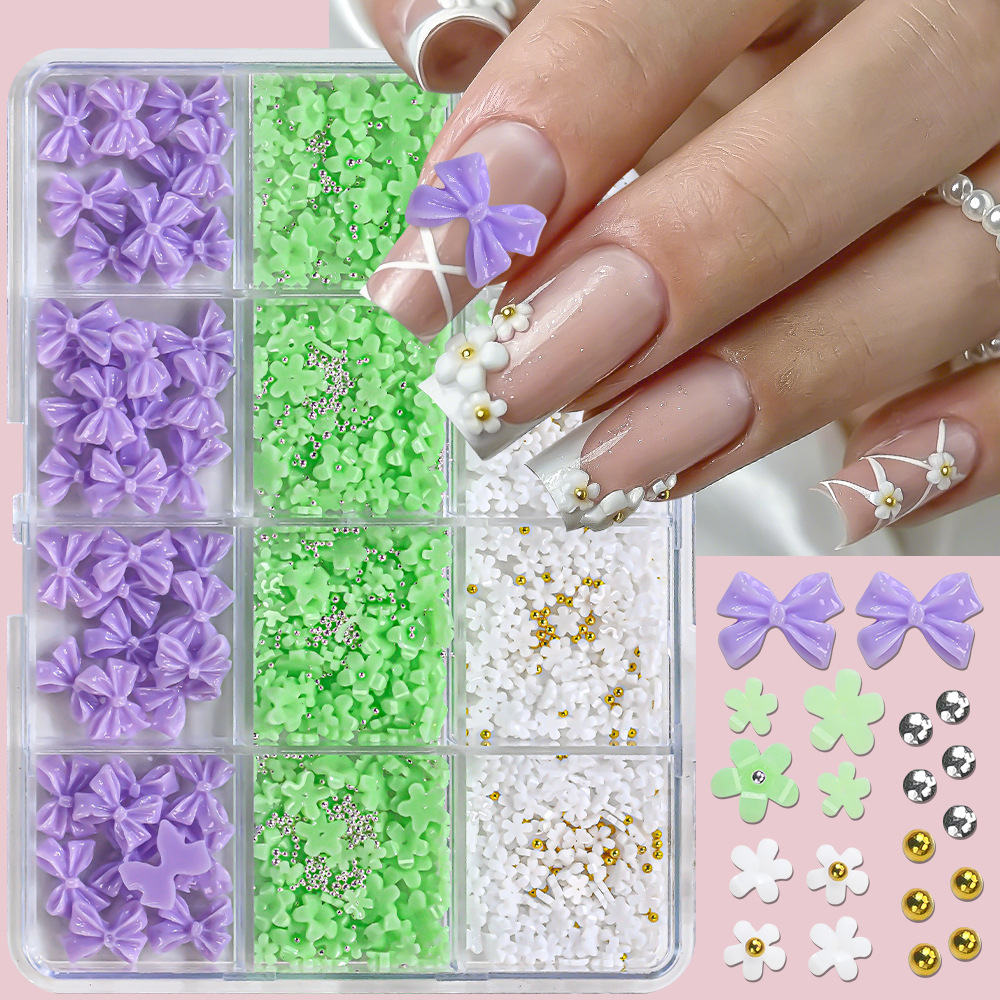 12-Compartment Box of Resin Nail Art Decorations: White Small Flowers, Green Five-Petal Flowers, Purple Bows, DIY Nail Art Accessories