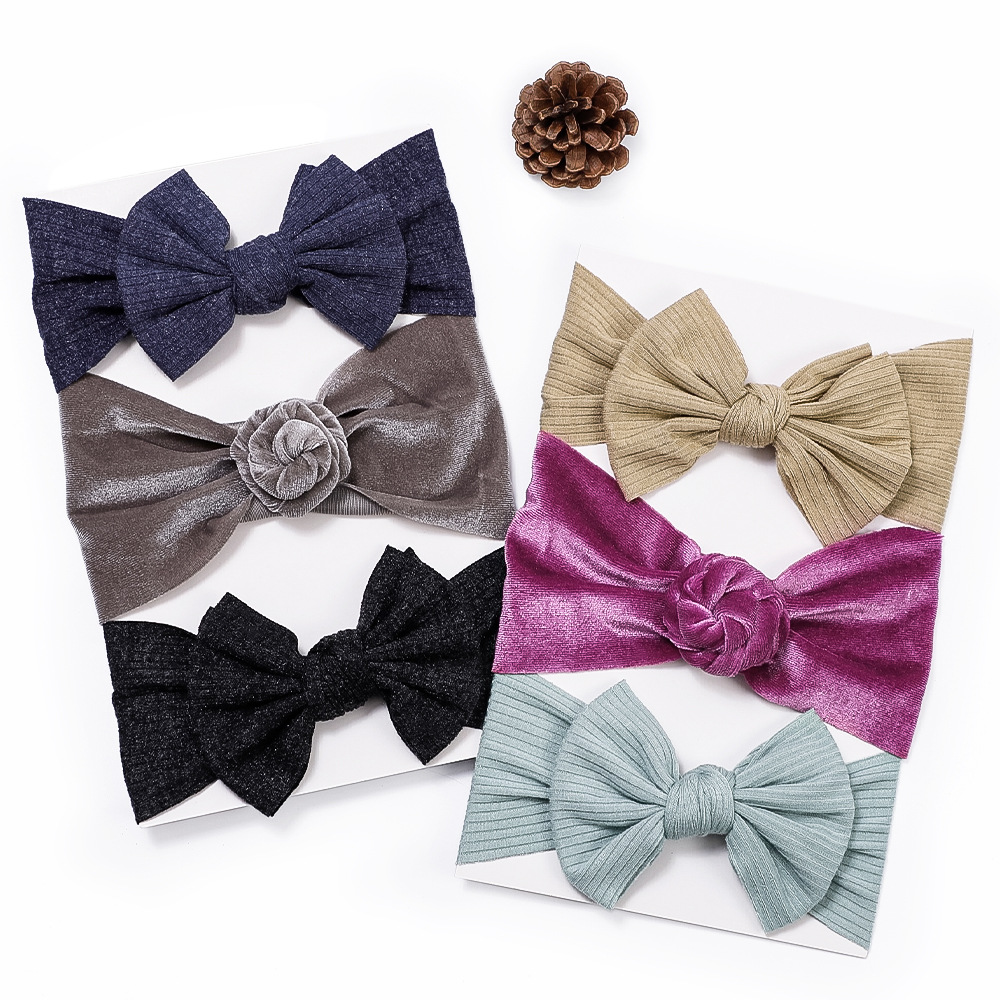 Cross-border European and American new children's hair accessories baby solid color wide headband baby flannel bow elastic hair band suit_voghion.com