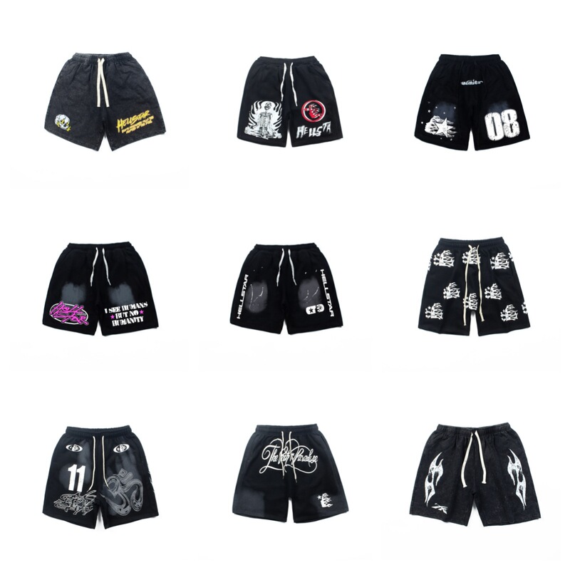 American Trendy Hell Star Ins Vintage Hell Skull Print Summer Loose Short-sleeved Casual Shorts for Men and Women