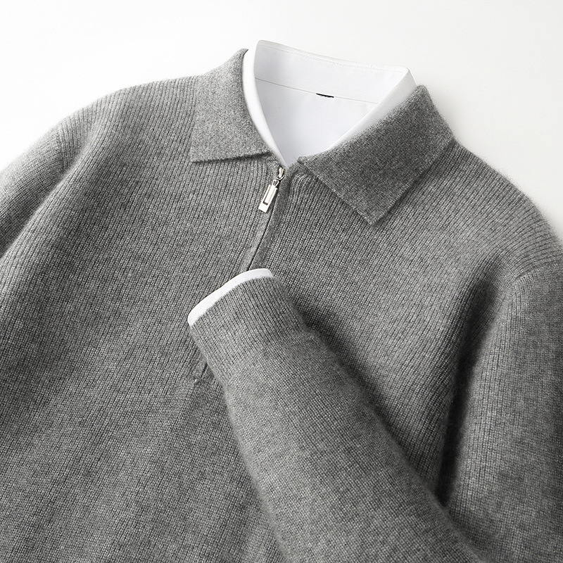 Men's All-Wool Sweater with Polo Collar and Half-Zip, Loose and Thickened, New Autumn and Winter Knit Base Layer Wool Sweater Wholesale Men's All-Wool Sweater with Polo Collar and Half-Zip, Loose and Thickened, New Autumn and Winter Knit Base Layer Wool Sweater Wholesale