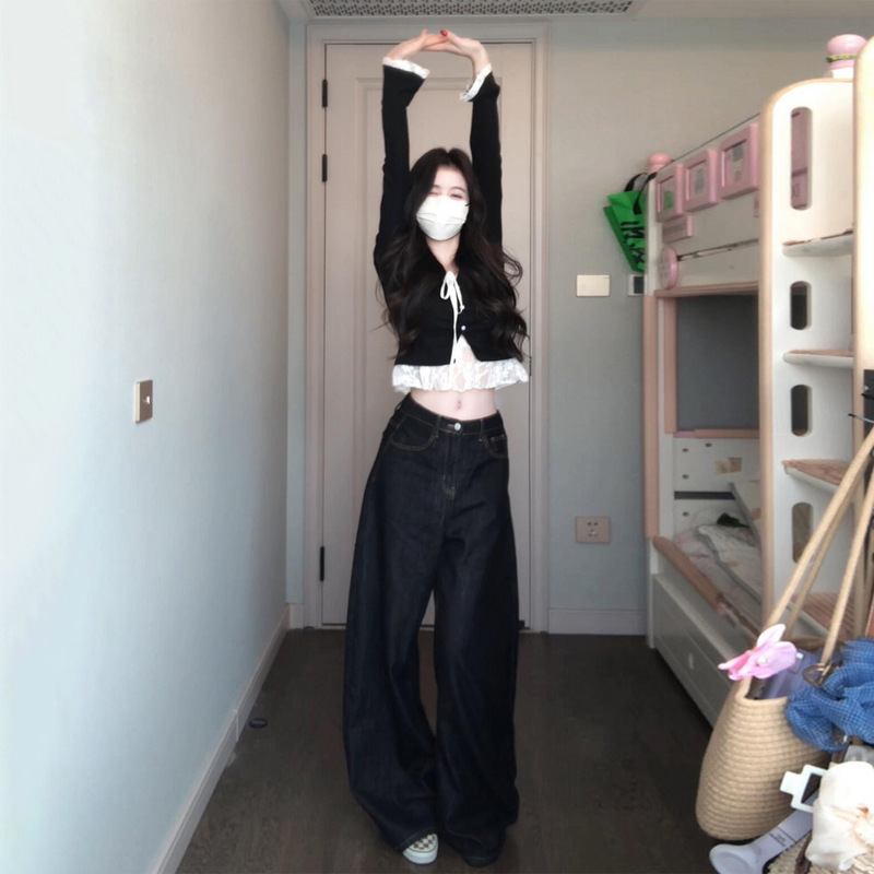 早秋季穿搭黑色假两件长袖t恤女2025新款设计感小众韩系绝美上衣|undefined