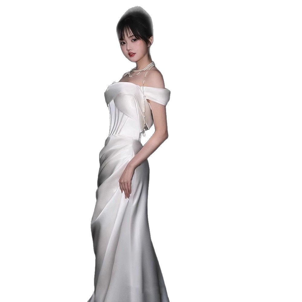 French Satin Off-Shoulder Light Wedding Dress High-End White Niche Elegant Mermaid Bridal Gown For Bride_voghion.com