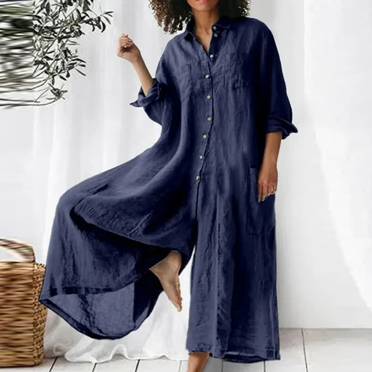 Women's Solid Color Casual Long Sleeved Jumpsuit Mid Length Cotton Linen Blend_ecoleips.com
