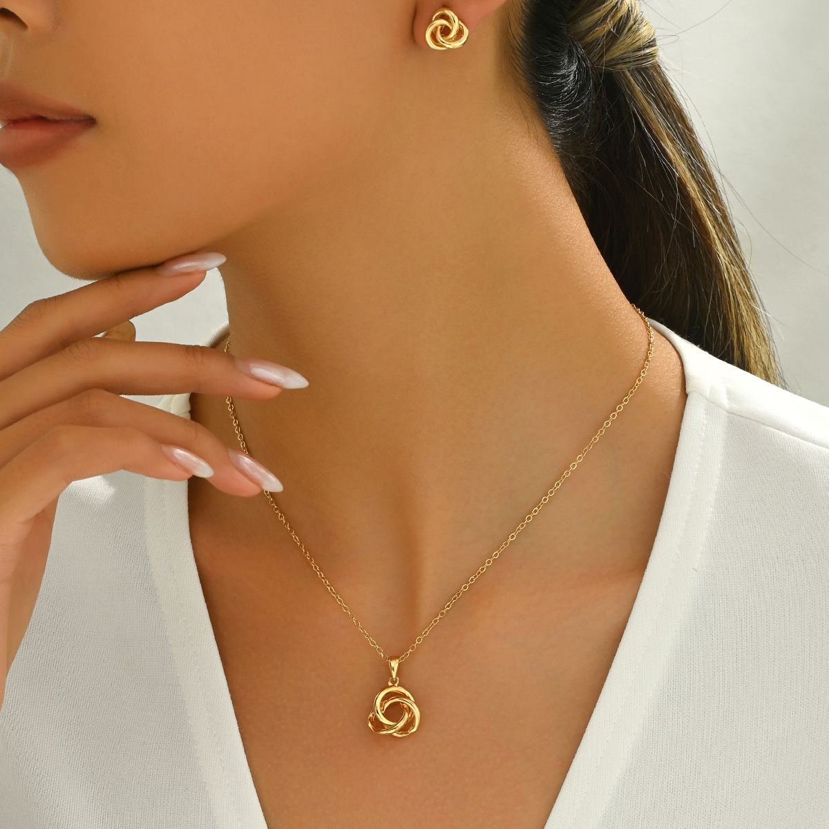 European and American Cross-Border Metal Style Women's Necklace Set Geometric Ring Winding Design Versatile Earrings Long Clavicle Chain