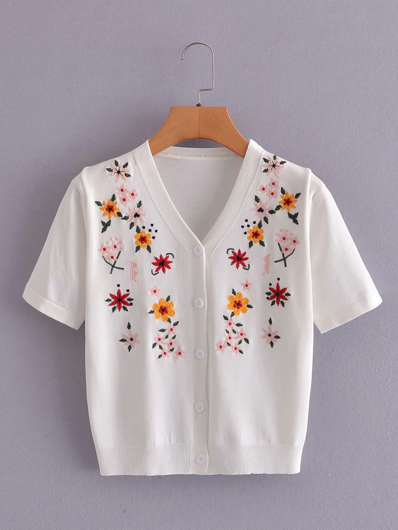 V-neck flower embroidery short-sleeved knitted T-shirt  NSAM44583