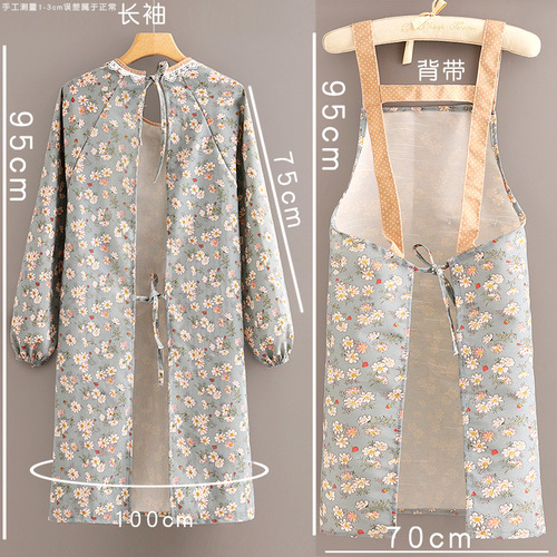 Korean style long-sleeved canvas apron for women's home kitchen cooking coveralls anti-fouling breathable catering work clothes adult apron