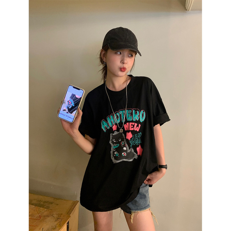 Huang Zheng American-Style Cat Graffiti Embroidered T-Shirt for Women, 2026 Summer Age-Reducing Casual Short-Sleeve Top 142Th370