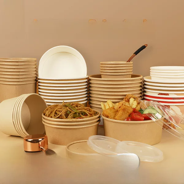 Kraft Paper Packaging Lunch Boxes for Commercial Wholesale, Round Instant Noodle Bowls with Lids, Custom-Made Disposable Kraft Paper Bowls for Takeout