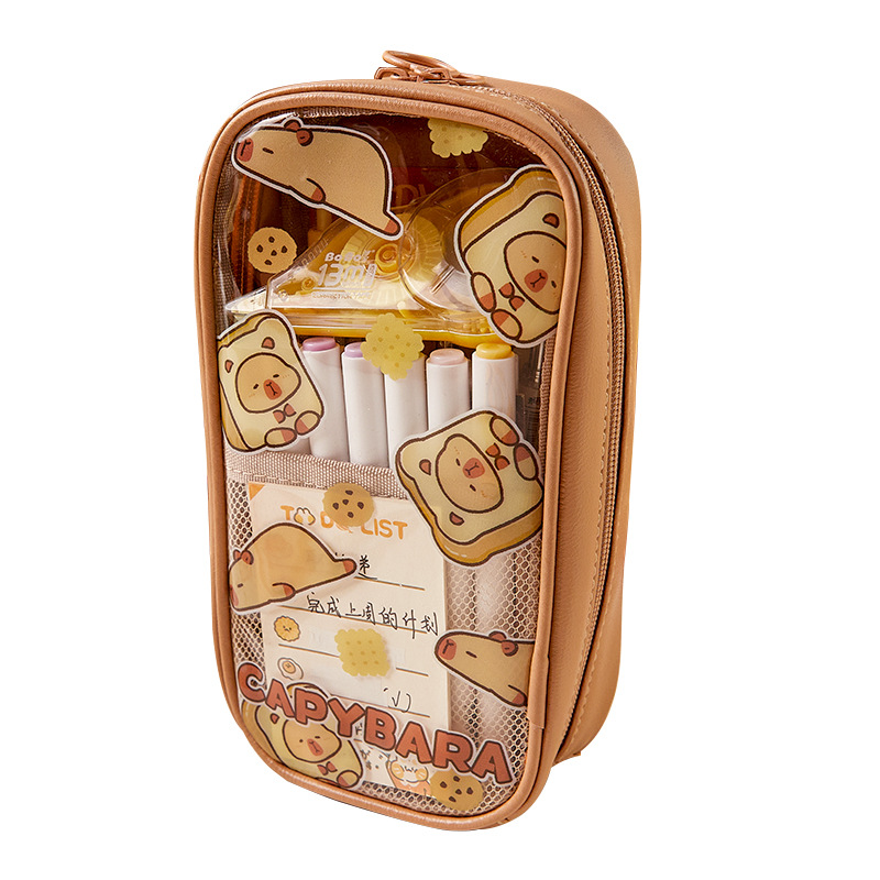 Capibala bolsas de lápiz transparentes de gran capacidad de estudiantes de primaria lindas cajas de papelería resistentes al agua pequeñas cajas de lápiz multicapa