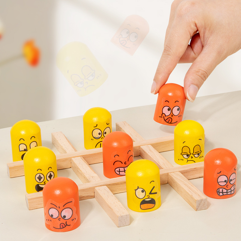 Niños transfronterizos pegatinas emoticon creativas de madera tic-tac - toe juegos de pensamiento interactivos y divertidos
