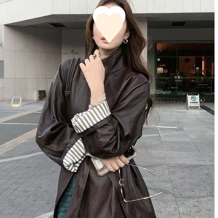 复古时尚皮衣系带收腰显瘦女秋冬款气质中长款过膝PU风衣外套