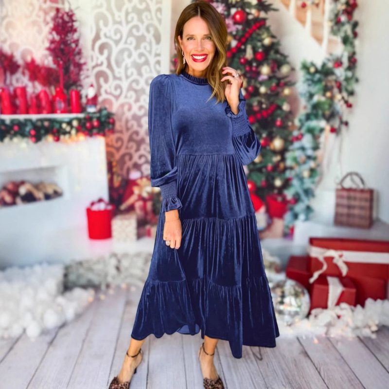 Cross-Border Export European and American Long Skirt 2025 New V Neck Velvet Loose Multi-Layered Ruffled Large Hem Large Size Dress