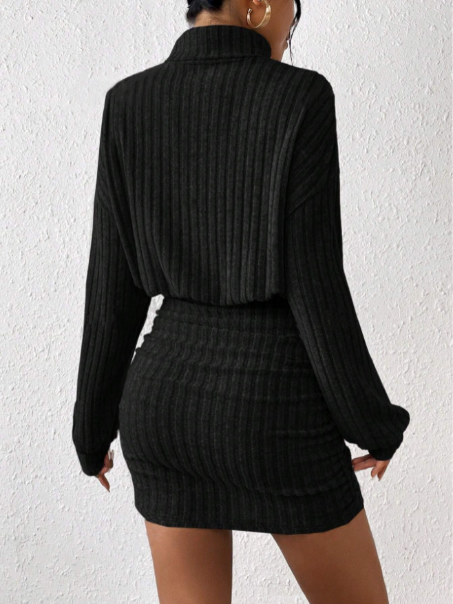 GraceChic Cross-Border European And American 2025 Autumn Winter New Bodycon Long Sleeve High Neck Ribbed Knitted Sexy Dress_voghion.com