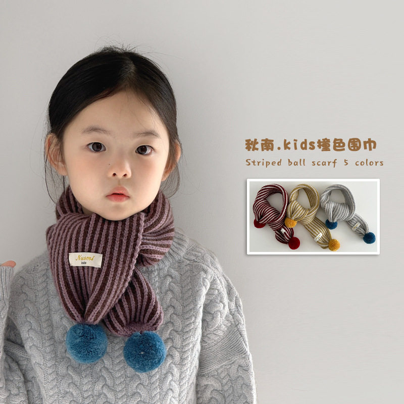 Qiunan Kidsren's Scarf Winter Korean Style Stripesd Fur Ball Scarf for Boys and Girls Stripesd Warm Neck Scarf Wholesale