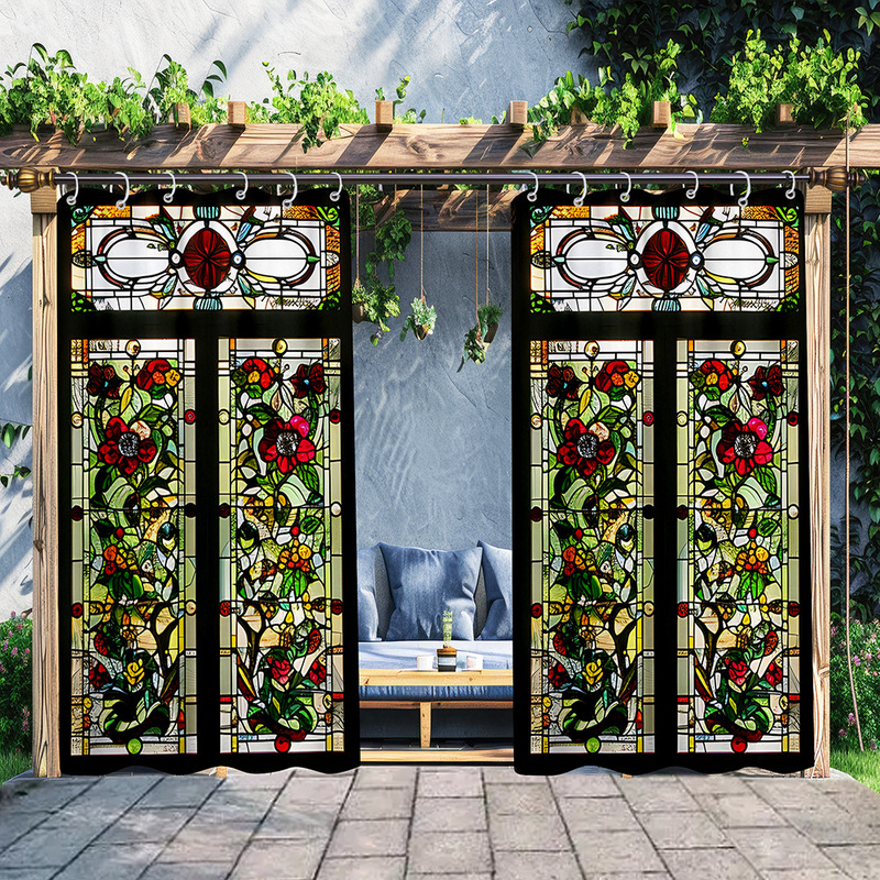 Cross-Border Jit Same-Day Delivery Curtains Outdoor Waterproof Curtains Courtyard Curtains Stained Glass Digital Printed Curtains
