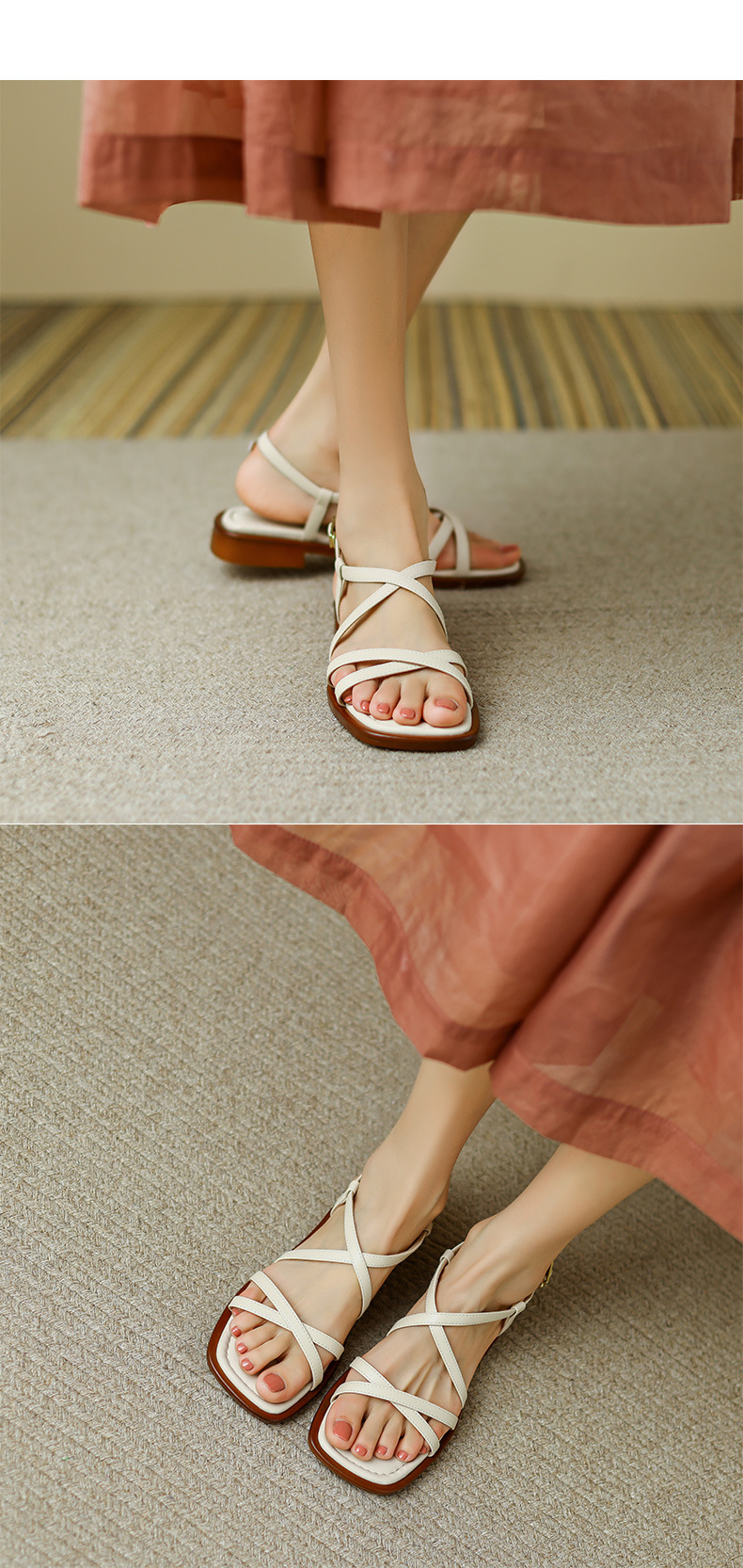 Sandal La Mã quai ngang đế bệt dây nhỏ hở ngón — Màu nâu chi tiết 6