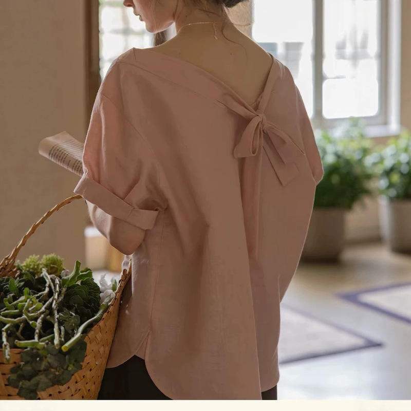 French-Style Retro Boat-Neck Tie-Up Top for Women, Summer 2026 New Design, Niche Style, Reversible Short-Sleeve Blouse