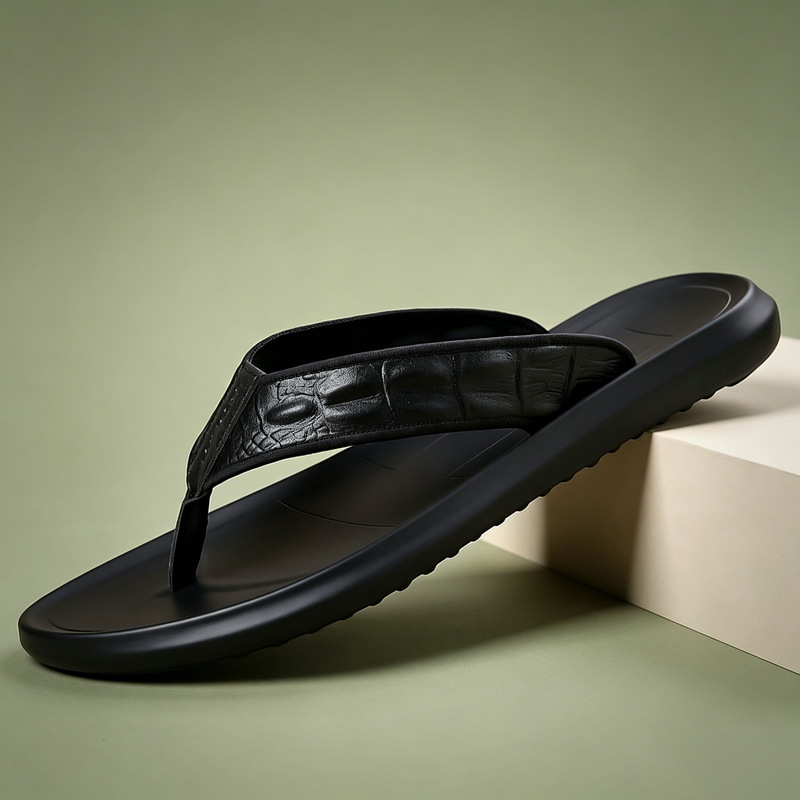 Summer beach flip-flops for men, versatile breathable thong sandals with embossed crocodile pattern, genuine leather casual slippers for men Summer beach flip-flops for men, versatile breathable thong sandals with embossed crocodile pattern, genuine leather casual slippers for men