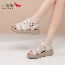 红蜻蜓夏季平底软底女士罗马凉鞋女款2025新款夏天外穿真皮妈妈鞋