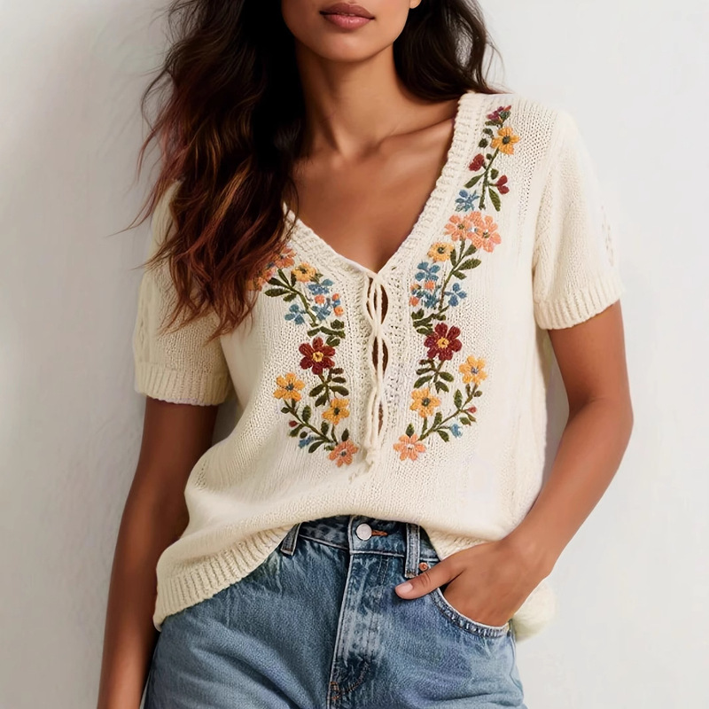 European and American Cross-border Amazon Mori Retro Flower Embroidered Knitted Sweater Loose Fresh All-match Knitted Sweater