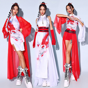 女团打歌服中国风爵士舞旗袍修身年会舞蹈演出服装红色国潮舞台装-阿里巴巴