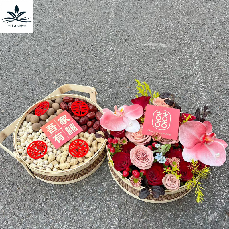 Nuevo estilo chino de bambú de doble capa de mano cesta de flores tejida a mano cesta de arreglos florales cesta de frutas de embalaje