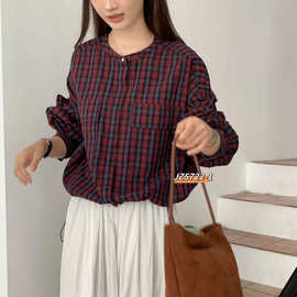 宽松秋季格子衬衫2025韩版圆领衬衣摆洋气抽绳上衣女新款均码
