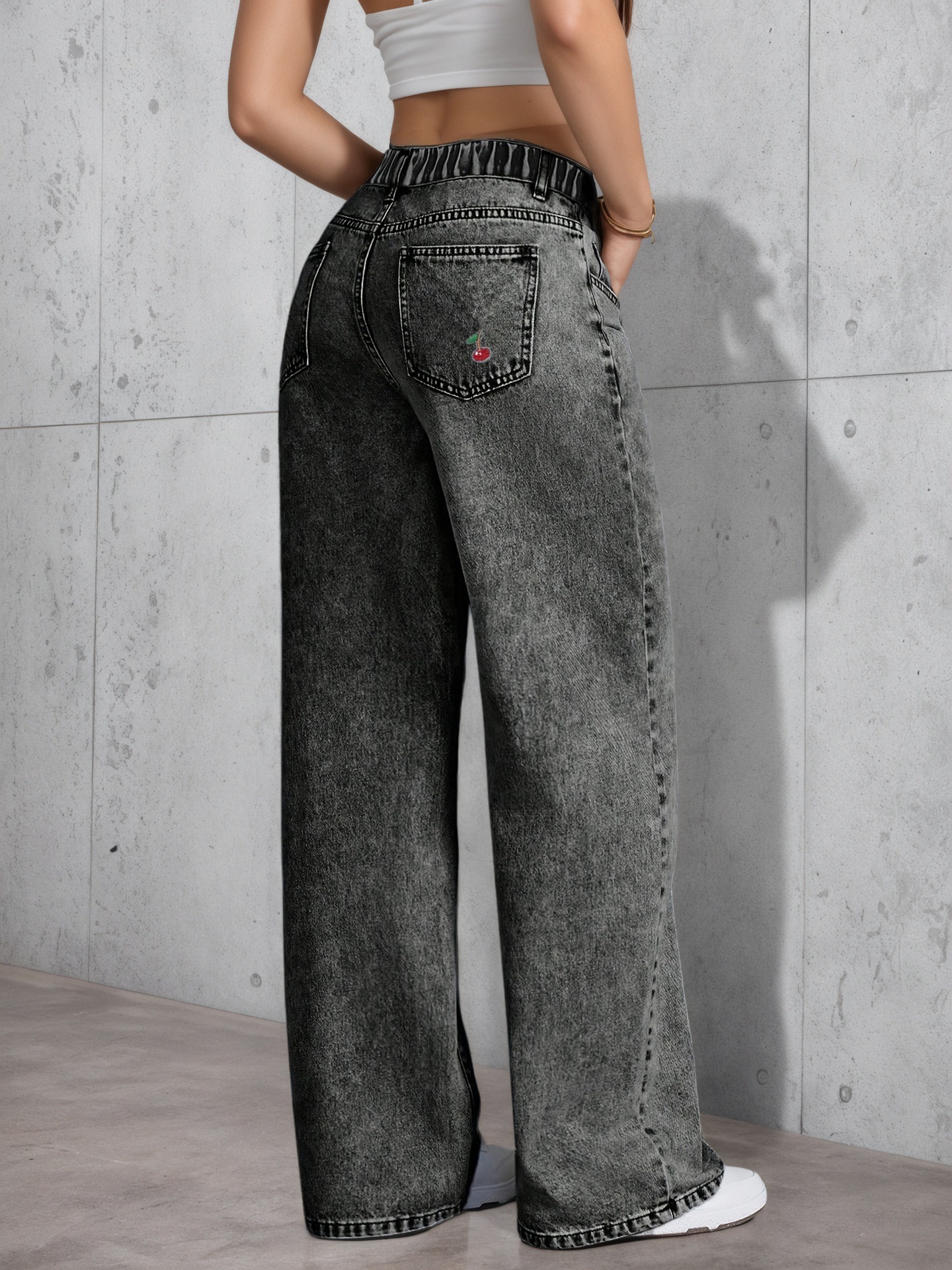Vintage Washed Slimming Stretch Jeans For Women Smoky Gray Distressed Red Cherry Blossom Embroidered American Style_ecoleips.com