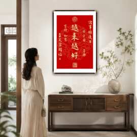 越来越好天官赐福书法字画客厅书房铜角装饰画喜庆寓意好过道挂画