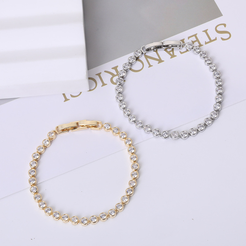 Cross-Border Large Round Diamond Zircon Bracelet That Does Not Fade, Summer Tennis Chain Bracelet, Men's Fashionable Full Diamond Plated Real White Golden Bracelet