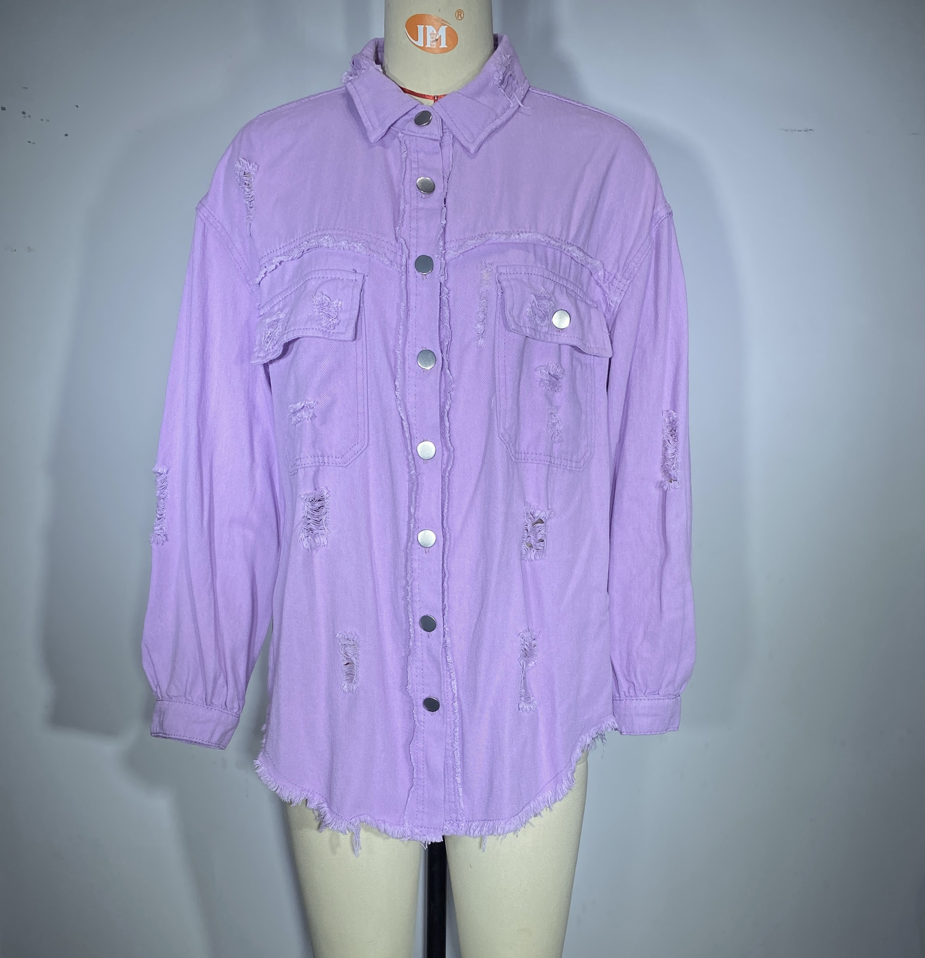 Giacca di jeans donna con volant strappata bavero manica lunga_voghion.com