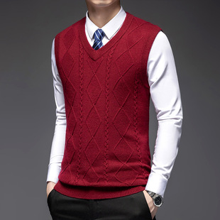 V-Neck Vest Men's Autumn and Winter Stacked Casual Sleeveless Sweater Thickened Rhombic Ultra-Fine Merino Wool Vest