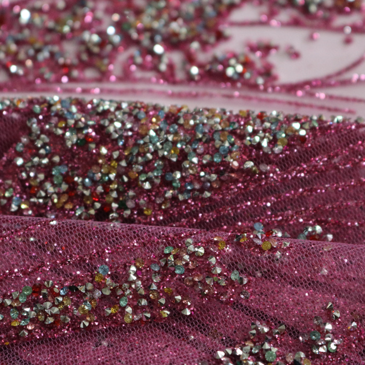2024 nuevo gaza de malla primavera y verano punto gaza de malla encaje rociado oro diamante vestido de boda tela