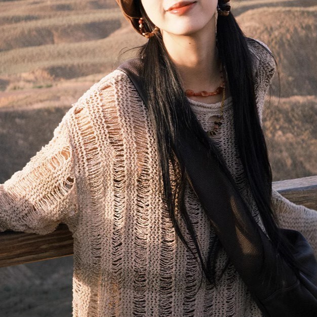 Vintage Hollow-out Knitted Long-sleeved Blouse Stitching Sweater