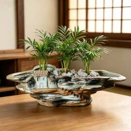 复古陶瓷山水村居花盆大口径无孔水培绿植家用茶室桌面装饰盆景盆