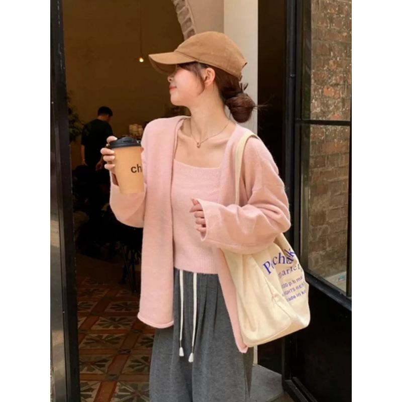 蓝色长袖软糯针织开衫女秋季2025新款韩系宽松慵懒风毛衣两件套|undefined