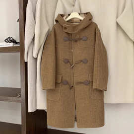 格子双面羊绒大衣女中长款2025新款牛角扣连帽毛呢外套通勤风