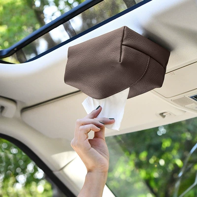 Magnetic Center Console Storage — Car tissue box/set - lychee-pattern-chestnut-brown-magnetic-tissue-holder