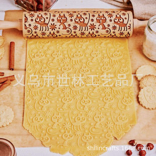 Big-Eyed Cat Cat Printed Biscuit Embossed Wooden Cat Rolling Pin Christmas Printed Cute Cat
