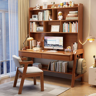Solid Wood Desk Student Home Bookshelf Integrated Table Computer Desk Home Student Writing Desk Children's Study Table