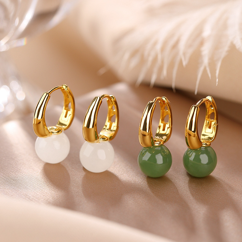 Bông tai bạc S925 mạ vàng đính đá jasper trắng hình trái tim rỗng — Kiểu ngọc trắng