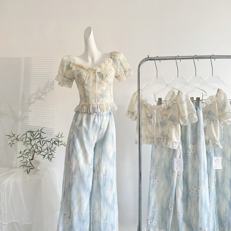 "Xinxing" Floral Dream Gentle French Style Square Neck Gradient Print Waist-Cinching Pure Desire Slimming Short Sleeve Long Pants Set